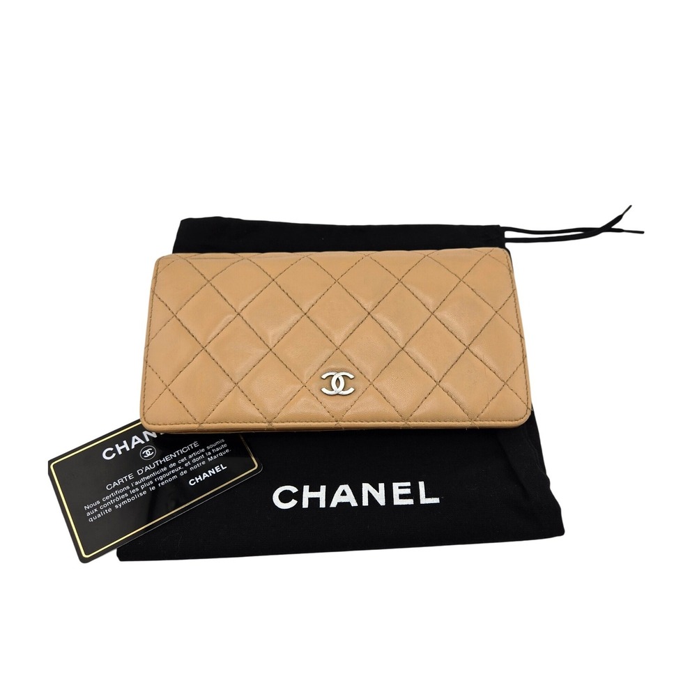 Chanel Matelasse Quilted Lambskin Long Bifold Wallet Beige Silver CC Logo